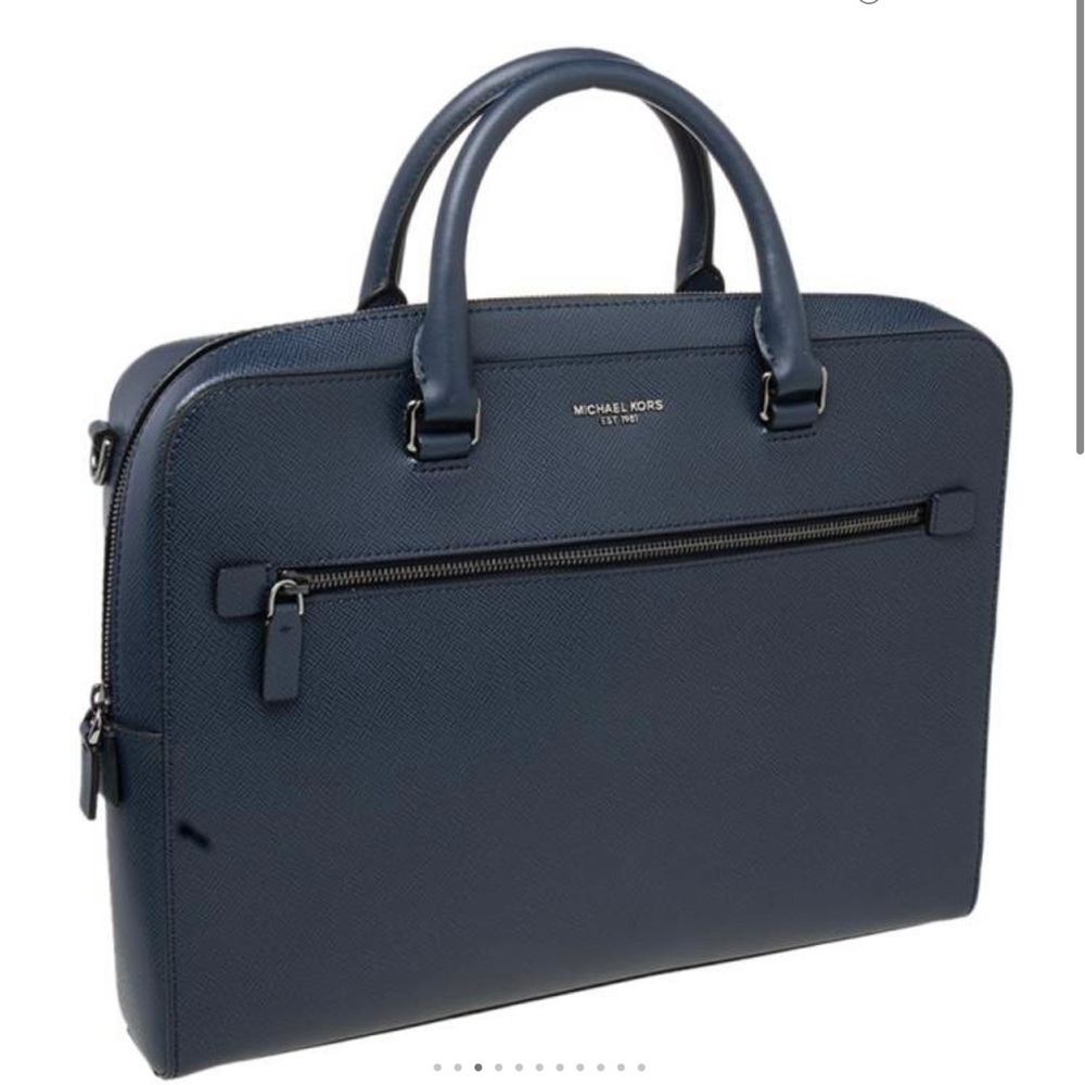 Michael Kors Navy Blue Leather Harrison Front Zip Briefcase